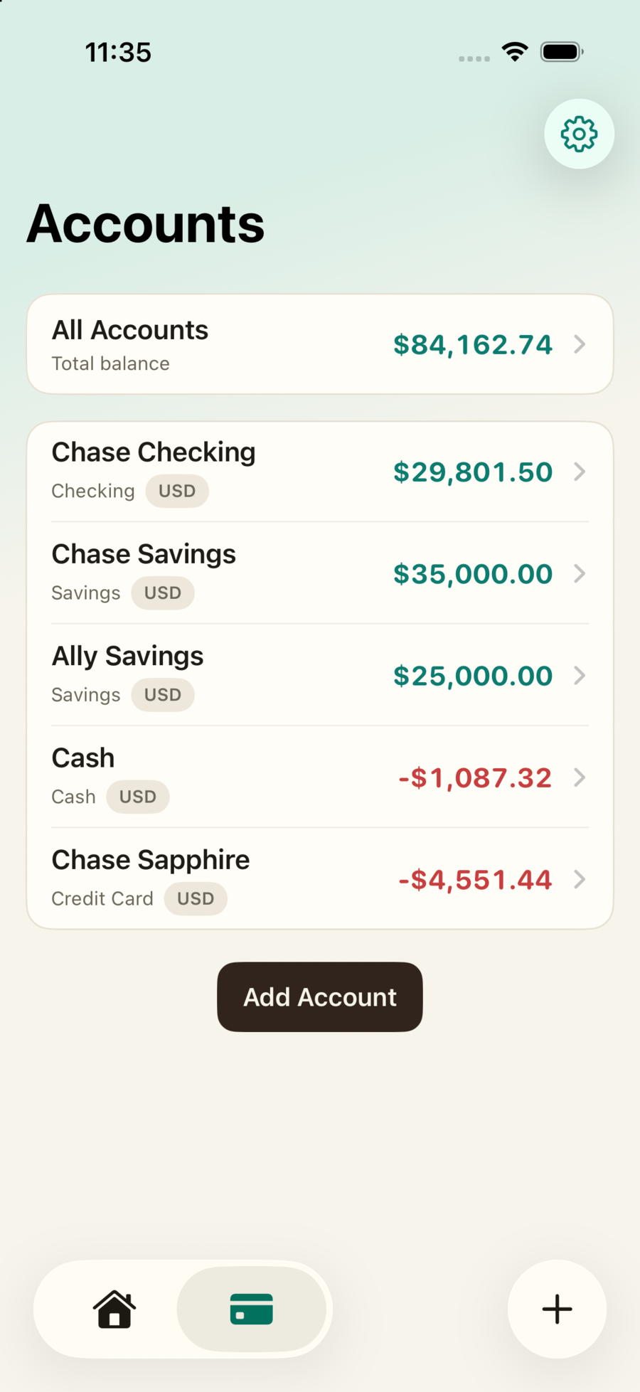 The Accounts screen showing checking, savings, and cash balances