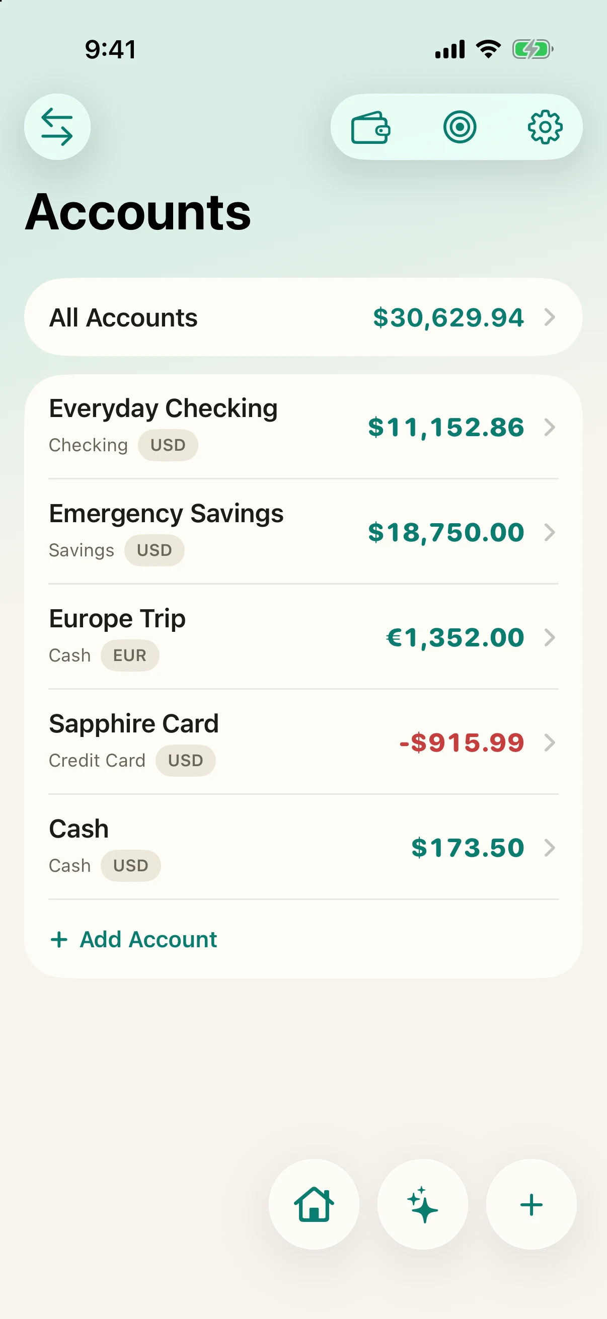 Simply Finance accounts showing checking, savings, cash, credit, and an account held in euros