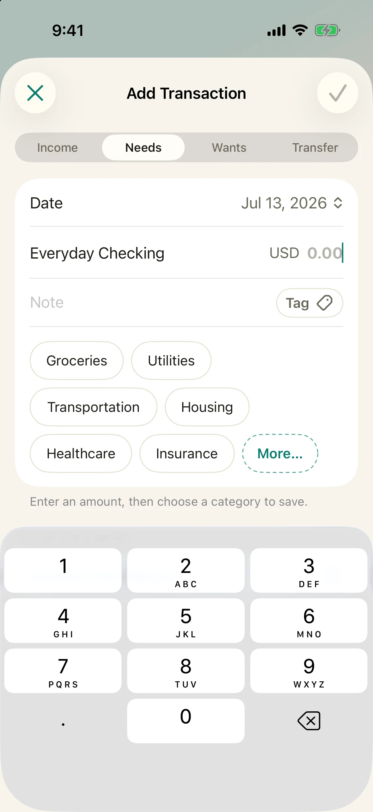 Simply Finance transaction entry with amount and category controls