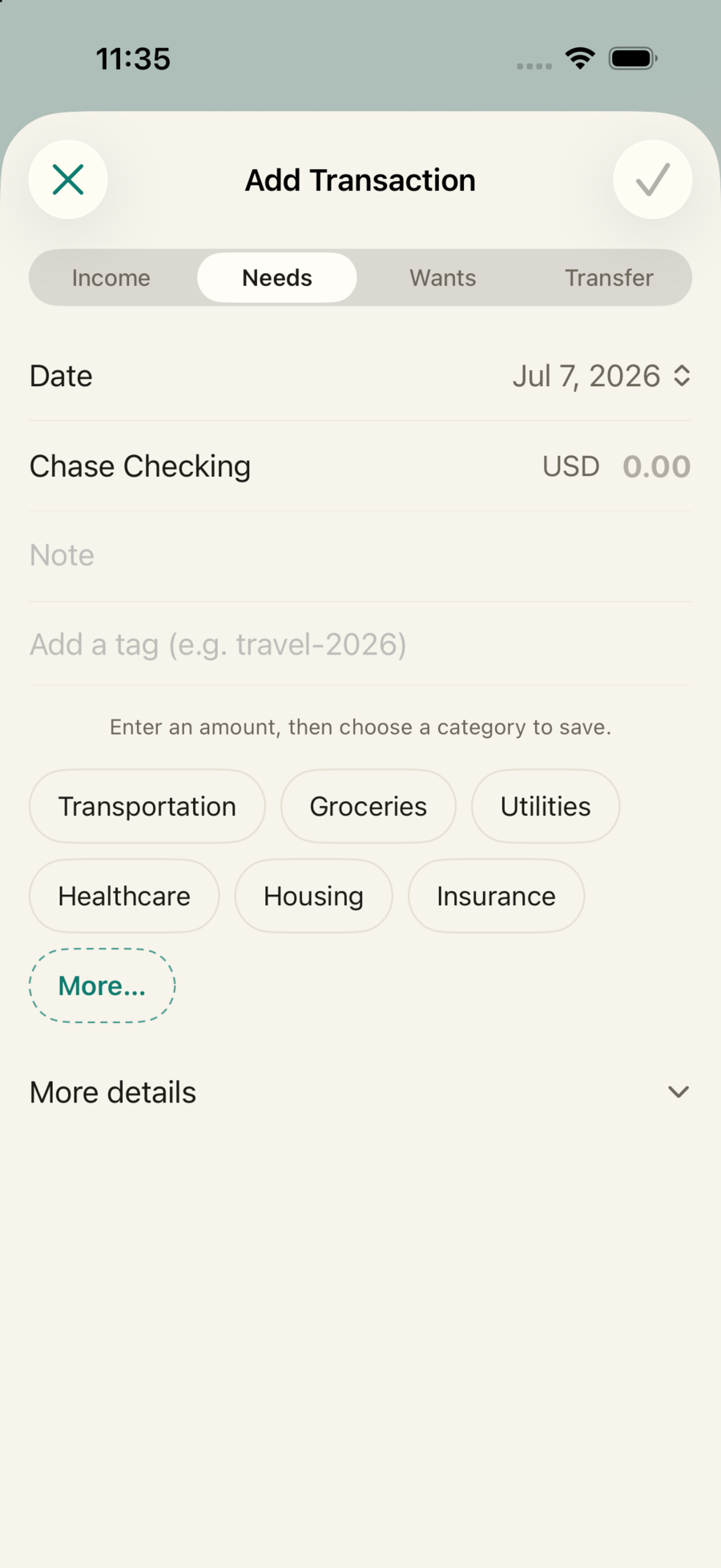 Adding a transaction: amount, category, save