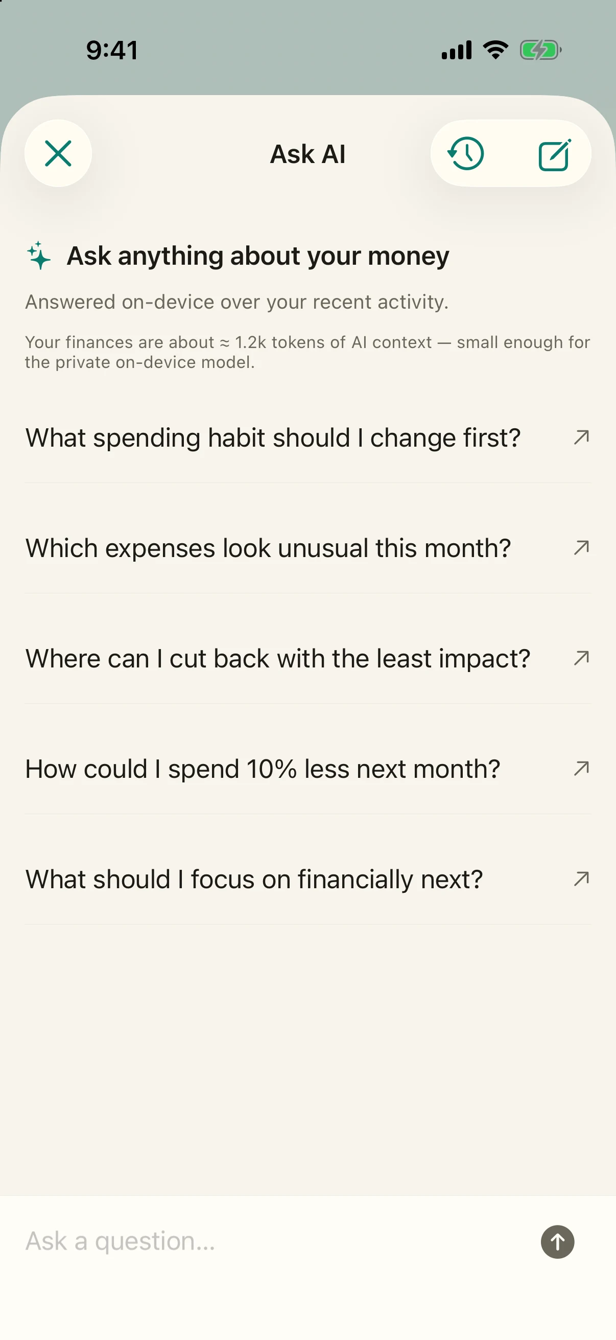 Simply Finance Ask AI with private finance question suggestions and on-device or Claude options