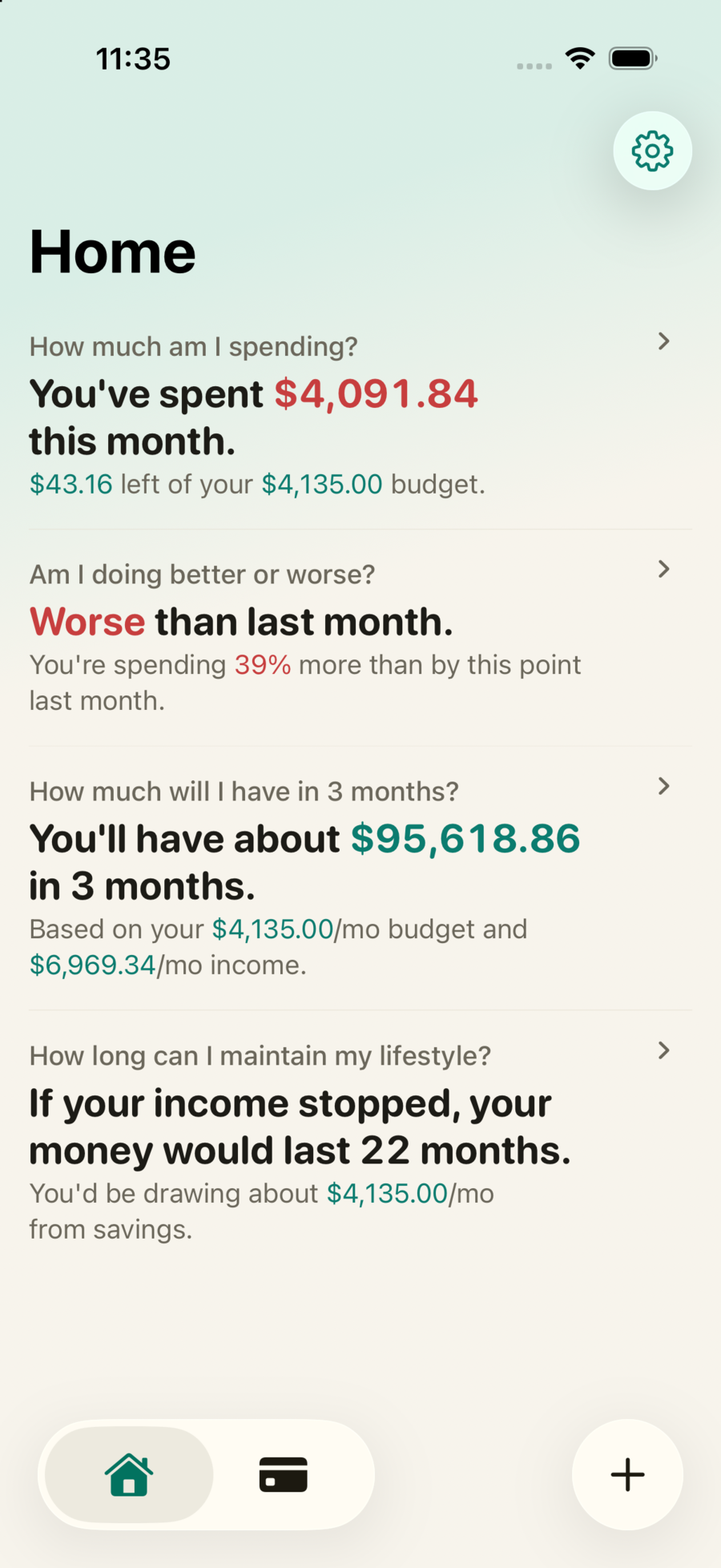 Simply Finance home screen answering everyday money questions