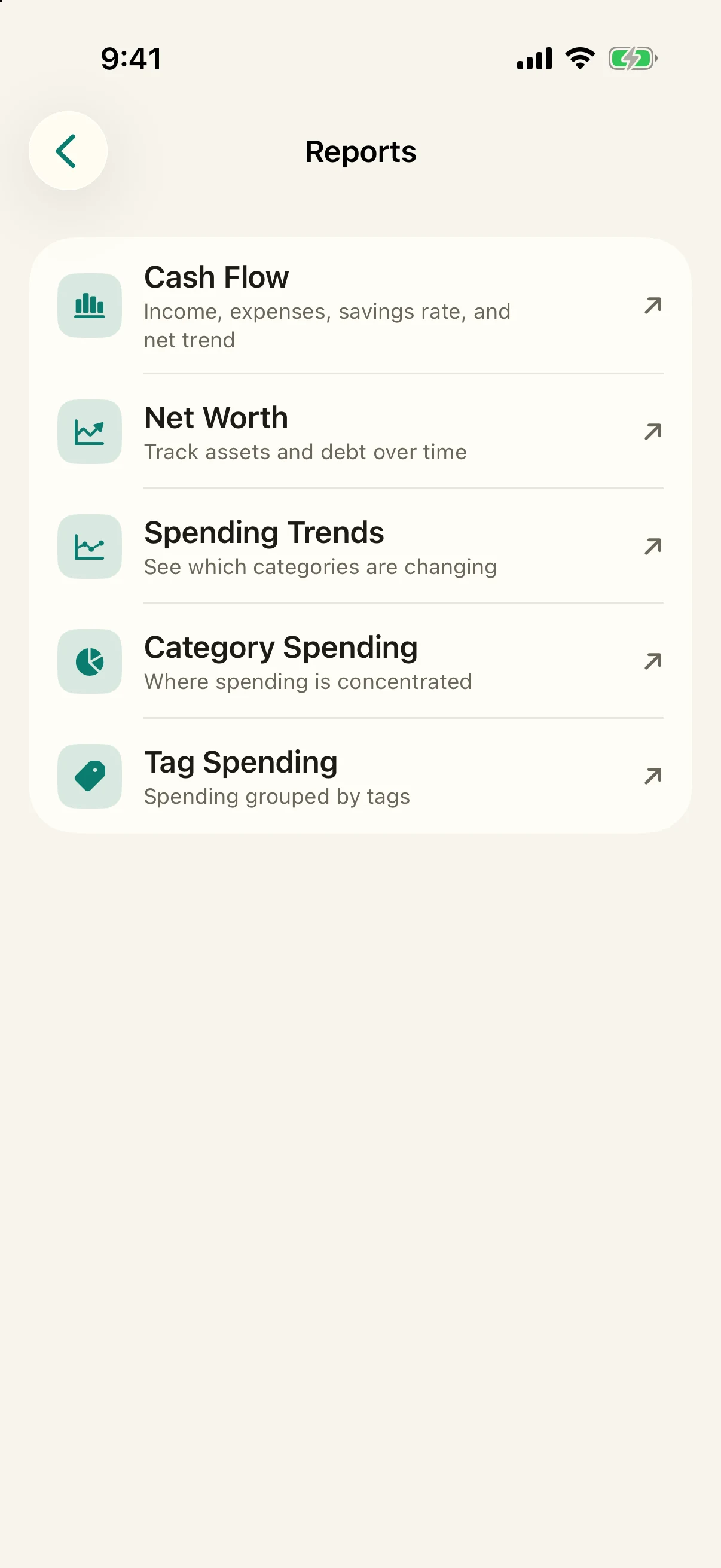 Simply Finance Reports library with Cash Flow, Net Worth, Spending Trends, Category Spending, and Tag Spending